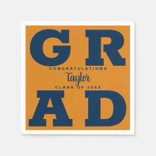 Bold GRAD Navy on Orange Graduation Paper Napkin