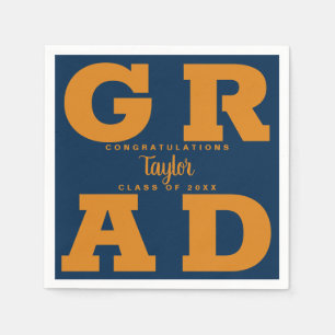 Bold GRAD   Orange on Navy Graduation Paper Napkin