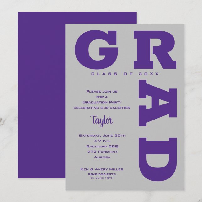 Bold GRAD Purple and Grey Graduation Invitation (Front/Back)
