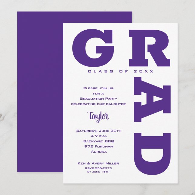 Bold GRAD Purple and White Graduation Invitation (Front/Back)