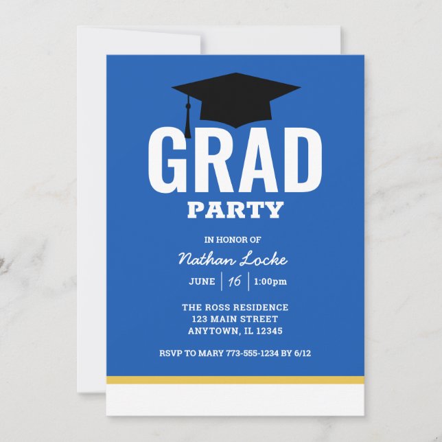 Bold Grad Royal Blue Graduation Party Invitation (Front)