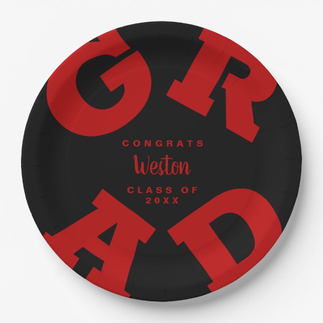 Bold GRAD Scarlet Red on Black Custom Graduation Paper Plate (Front)