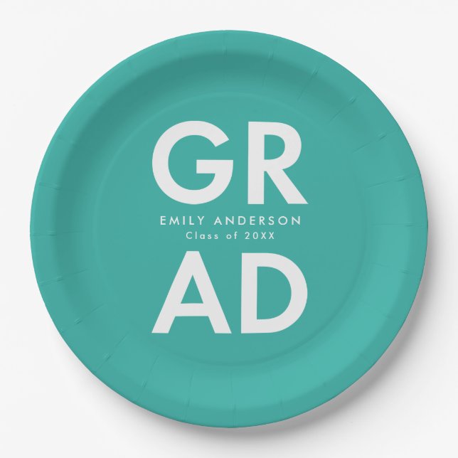 Bold Grad Turquoise Graduation Paper Plate (Front)