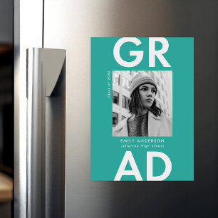 Bold Grad Turquoise Photo Graduation Magnetic Invitation