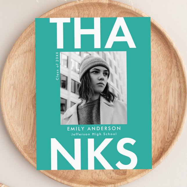 Bold Grad Turquoise Photo Graduation Thank You Postcard (Creator Uploaded)