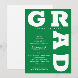 Bold GRAD White on Green Graduation Announcement