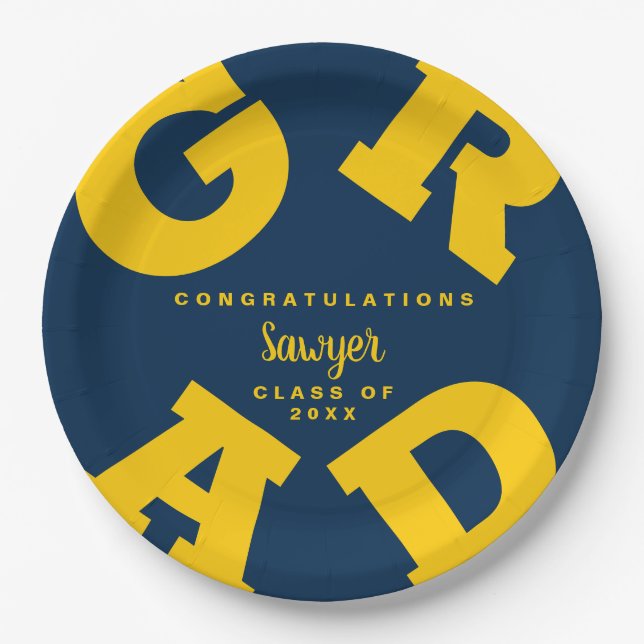 Bold GRAD Yellow on Blue Graduation Paper Plate (Front)