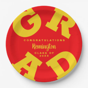 Bold GRAD   Yellow on Red Graduation Paper Plates