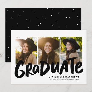 Bold graduate black white three photo graduation announcement