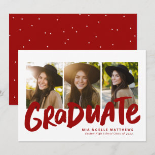 Bold graduate modern red white 3 photo graduation announcement
