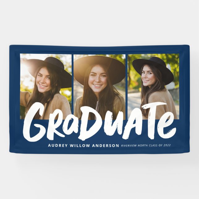 Bold graduate modern three photo navy graduation banner (Horizontal)