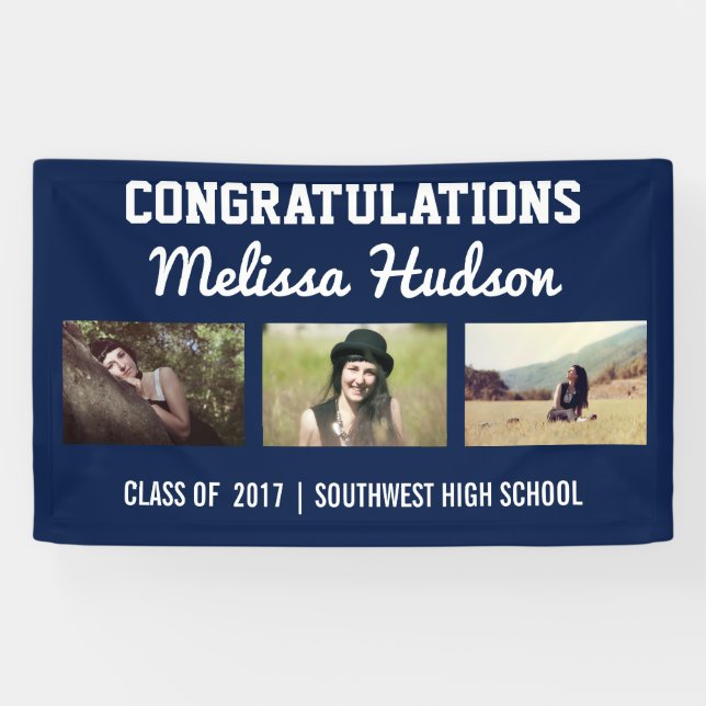 Bold Graduation Congratulations Three Photo Blue Banner (Horizontal)