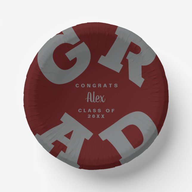 Bold Graduation Grey on Dark Maroon Paper Plate (Front)