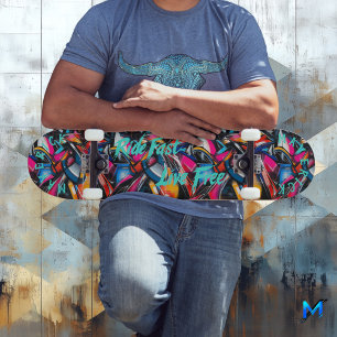 Bold Graffiti & Teal 'Live Fast Ride Free' Motto Skateboard