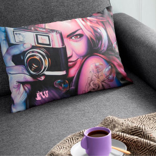 Bold Grafitti Woman with Camera Monogram Decorative Cushion