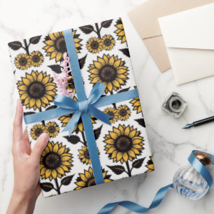 Bold Graphic Sunflowers in Yellow and Black Wrapping Paper