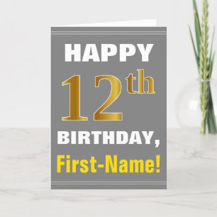 Bold, Gray, Faux Gold 12th Birthday w/ Name Card