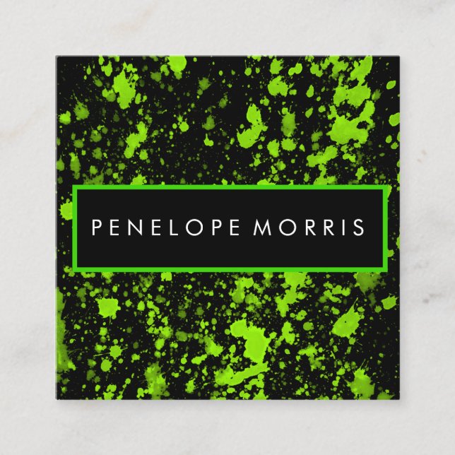 Bold Green and Black Paint Splatter Beauty Stylist Square Business Card (Front)