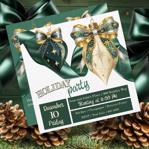 Bold Green and Gold Holiday Baubles with Ribbon Invitation