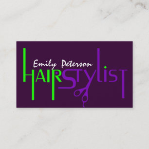 Bold Green And Purple Hair Stylist Text Design Business Card