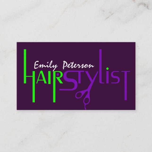 Bold Green And Purple Hair Stylist Text Design Business Card (Front)