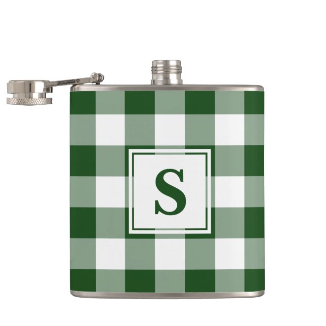 Bold Green and White Plaid Pattern with Monogram Hip Flask (Opened)