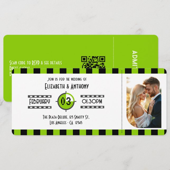Bold Green, Black & White Cinema Ticket Wedding Invitation (Front/Back)