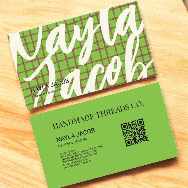 Bold Green Brown Check Pattern QR Code Handmade Business Card (Creator Uploaded)