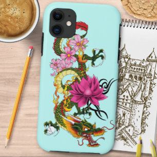 Bold Green Chinese Dragon Lotus Teal Tattoo Case-Mate iPhone Case