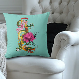 Bold Green Chinese Dragon Lotus Teal Tattoo Cushion