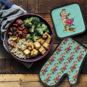 Bold Green Chinese Dragon Lotus Teal Tattoo Oven Mitt & Pot Holder Set
