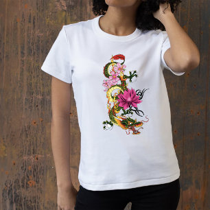 Bold Green Chinese Dragon Lotus Teal Tattoo T-Shirt