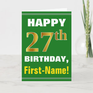 Bold, Green, Faux Gold 27th Birthday w/ Name Card