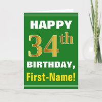 Bold, Green, Faux Gold 34th Birthday w/ Name Card