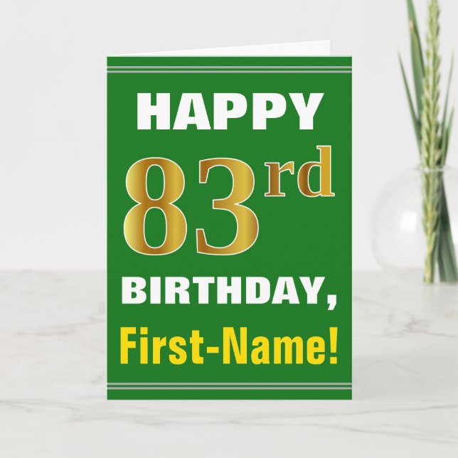 Bold, Green, Faux Gold 83rd Birthday w/ Name Card (Front)