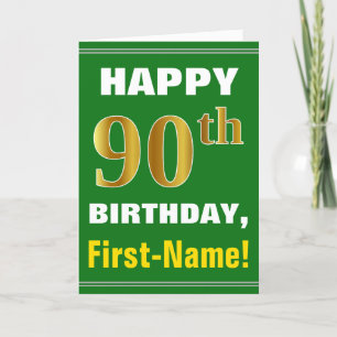 Bold, Green, Faux Gold 90th Birthday w/ Name Card