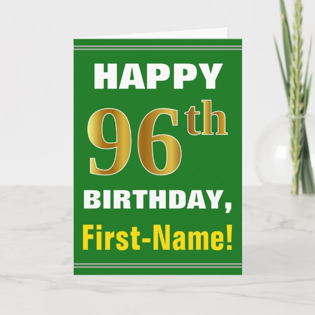 Bold, Green, Faux Gold 96th Birthday w/ Name Card (Front)