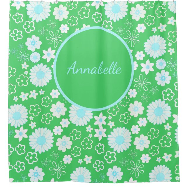 Bold Green Flowers Floral Pattern Named  Shower Curtain (Front)