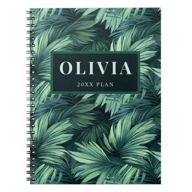 Bold green jungle tropical palm pattern notebook (Front)