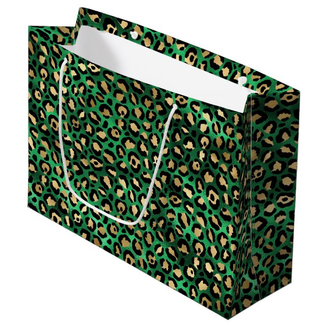 Bold Green Leopard Print | Glam Animal Pattern Large Gift Bag (Front Angled)