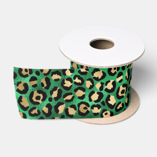 Bold Green Leopard Print   Glam Animal Pattern Satin Ribbon