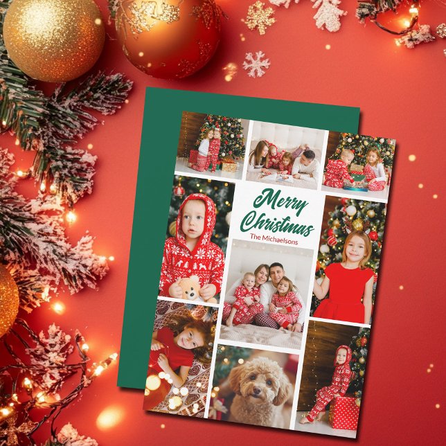 Bold Green Merry Christmas Photo Collage 2025 Holiday Card (Creator Uploaded)