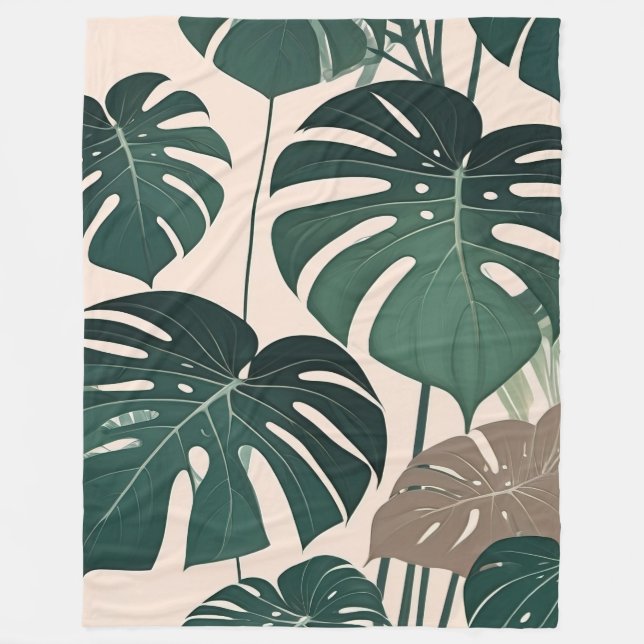 Bold Green Monstera Leaves Tropical Jungle  Fleece Blanket (Front)