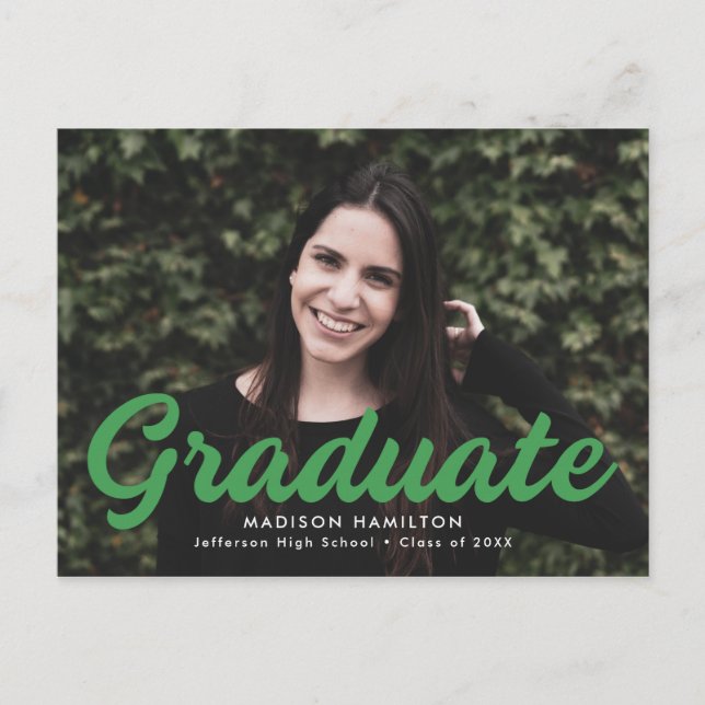 Bold Green Script Photo Graduation Party Invitation Postcard (Front)