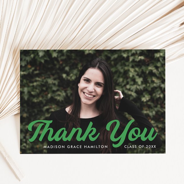 Bold Green Script Photo Graduation Thank You Card (Creator Uploaded)
