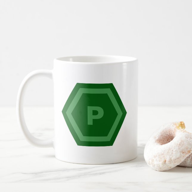 Bold Green Single Letter Monogram in Hexagons Coffee Mug (With Donut)