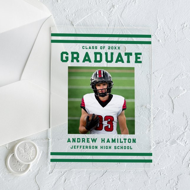 Bold Green Stripes Athletic Photo Graduation Acrylic Invitations (Creator Uploaded)