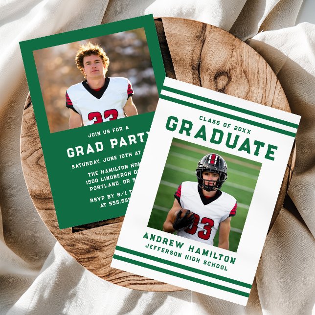Bold Green Stripes Athletic Photo Graduation Party Invitation (Creator Uploaded)