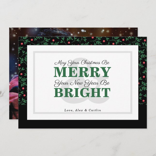 Bold Green Typography Holiday Greenery Photo Card (Front/Back)