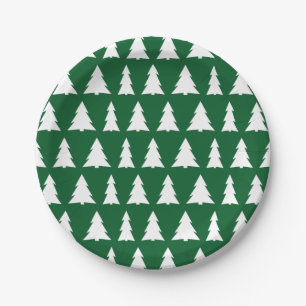 Bold Green White Tree Pattern Holiday Party Paper Plate